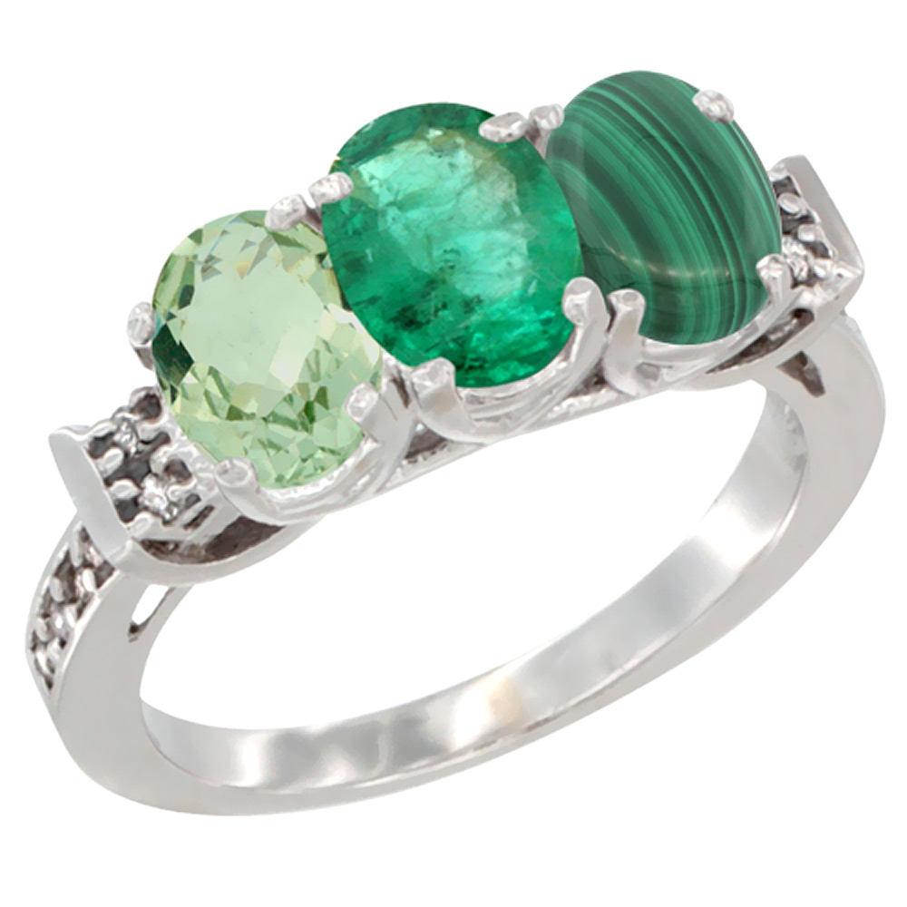 14K White Gold Natural Green Amethyst, Emerald & Malachite Ring 3-Stone 7x5 mm Oval Diamond Accent, sizes 5 - 10
