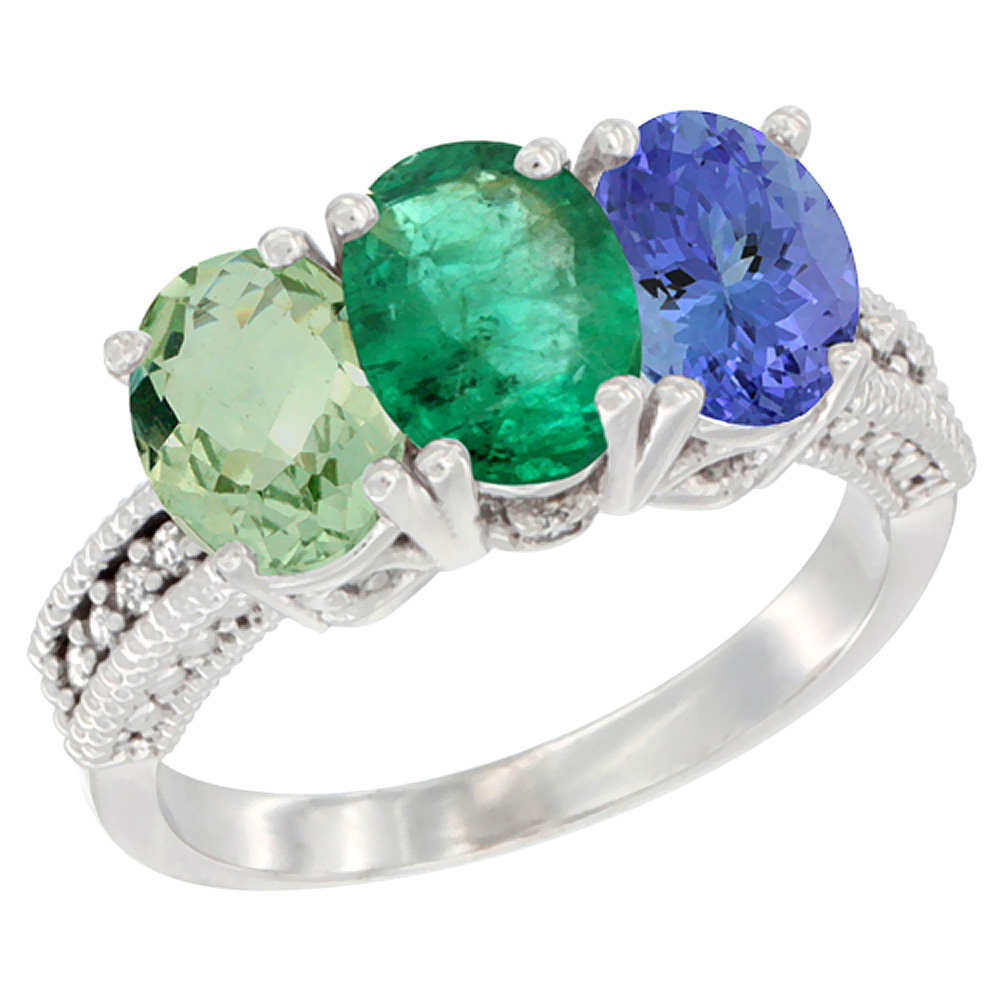 14K White Gold Natural Green Amethyst, Emerald &amp; Tanzanite Ring 3-Stone 7x5 mm Oval Diamond Accent, sizes 5 - 10