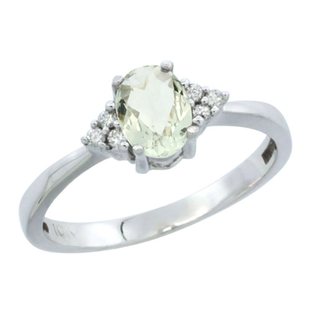14K White Gold Natural Green Amethyst Ring Oval 6x4mm Diamond Accent, sizes 5-10