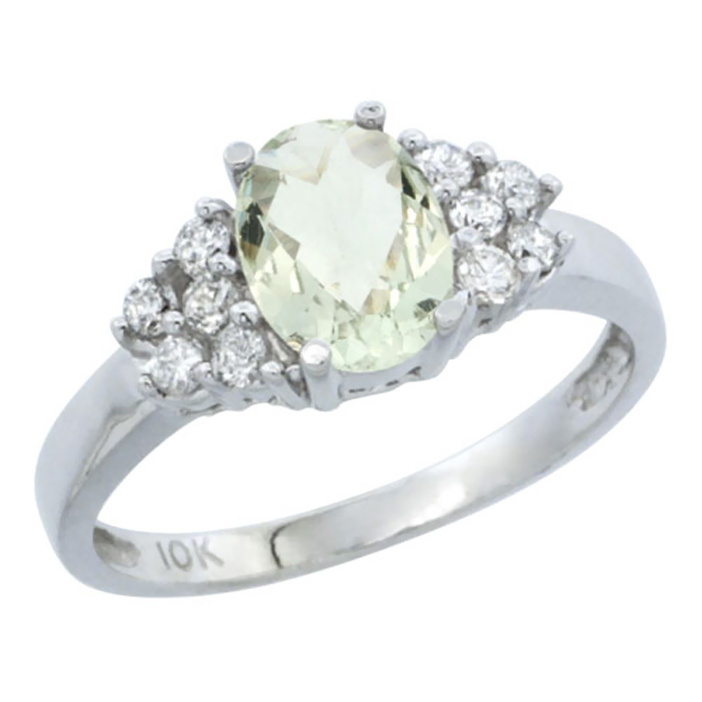 14K White Gold Natural Green Amethyst Ring Oval 8x6mm Diamond Accent, sizes 5-10