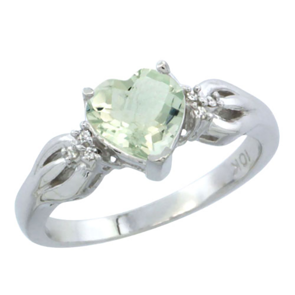 14K White Gold Natural Green Amethyst Ring Heart-shape 7x7mm Diamond Accent, sizes 5-10