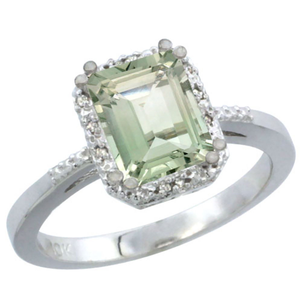 14K White Gold Natural Green Amethyst Ring Emerald-shape 8x6mm Diamond Accent, sizes 5-10