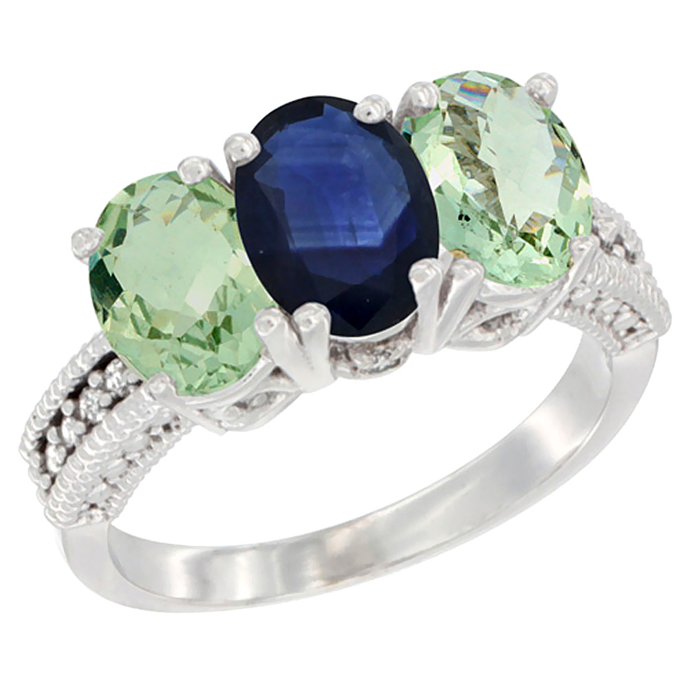 14K White Gold Natural Blue Sapphire & Green Amethyst Sides Ring 3-Stone 7x5 mm Oval Diamond Accent, sizes 5 - 10