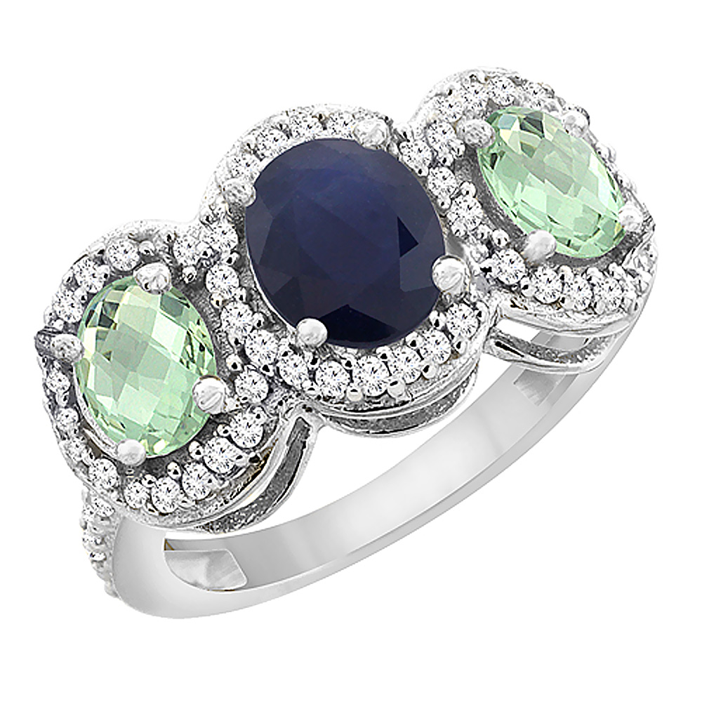 10K White Gold Natural Blue Sapphire & Green Amethyst 3-Stone Ring Oval Diamond Accent, sizes 5 - 10