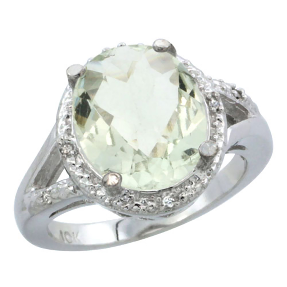 14K White Gold Natural Green Amethyst Ring Oval 12x10mm Diamond Accent, sizes 5-10