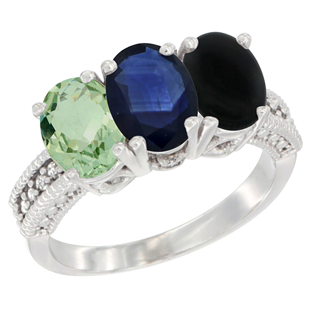 10K White Gold Natural Green Amethyst, Blue Sapphire &amp; Black Onyx Ring 3-Stone Oval 7x5 mm Diamond Accent, sizes 5 - 10