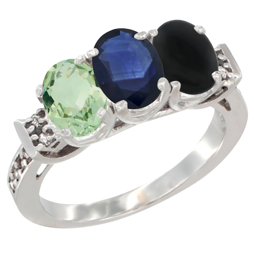 14K White Gold Natural Green Amethyst, Blue Sapphire & Black Onyx Ring 3-Stone 7x5 mm Oval Diamond Accent, sizes 5 - 10