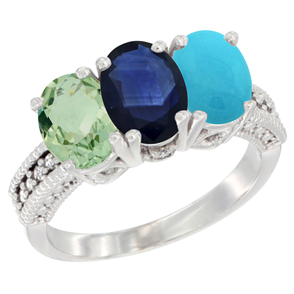 14K White Gold Natural Green Amethyst, Blue Sapphire & Turquoise Ring 3-Stone 7x5 mm Oval Diamond Accent, sizes 5 - 10