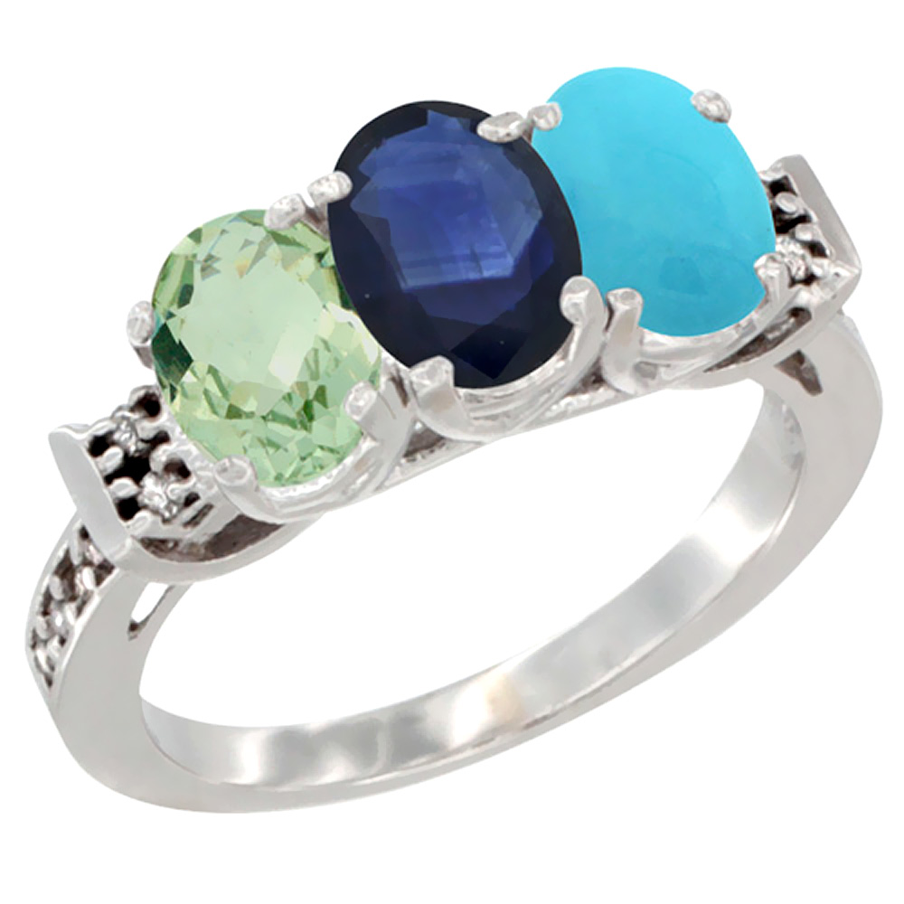 14K White Gold Natural Green Amethyst, Blue Sapphire & Turquoise Ring 3-Stone 7x5 mm Oval Diamond Accent, sizes 5 - 10