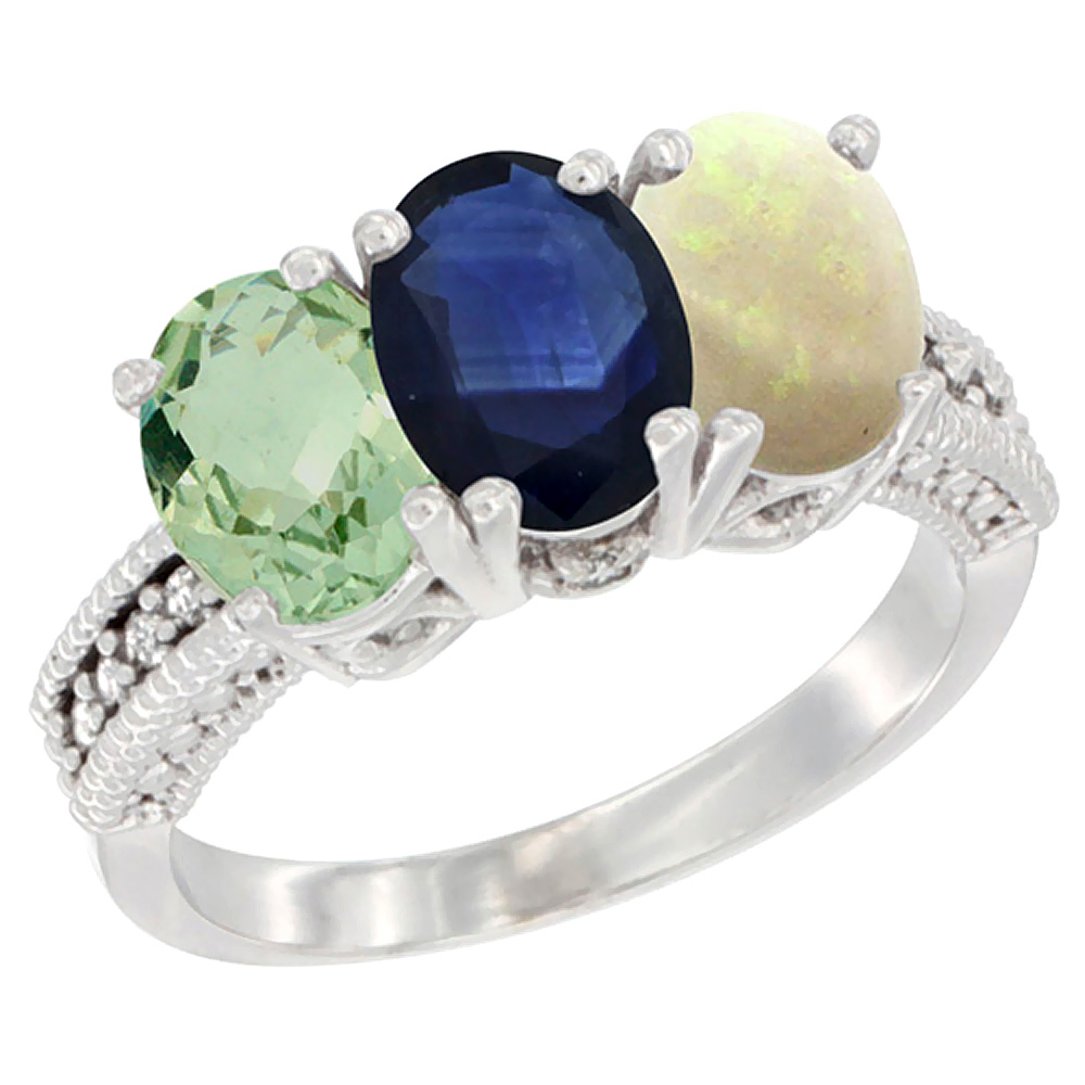 14K White Gold Natural Green Amethyst, Blue Sapphire & Opal Ring 3-Stone 7x5 mm Oval Diamond Accent, sizes 5 - 10
