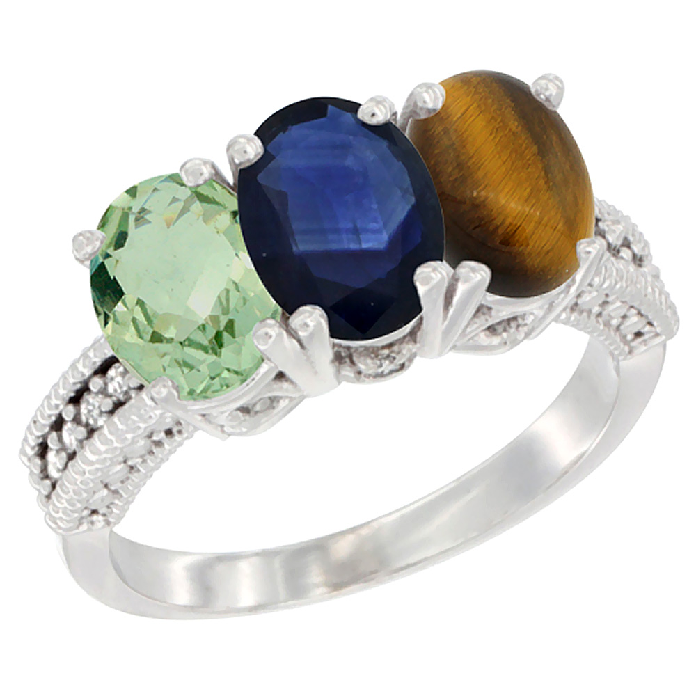 14K White Gold Natural Green Amethyst, Blue Sapphire & Tiger Eye Ring 3-Stone 7x5 mm Oval Diamond Accent, sizes 5 - 10