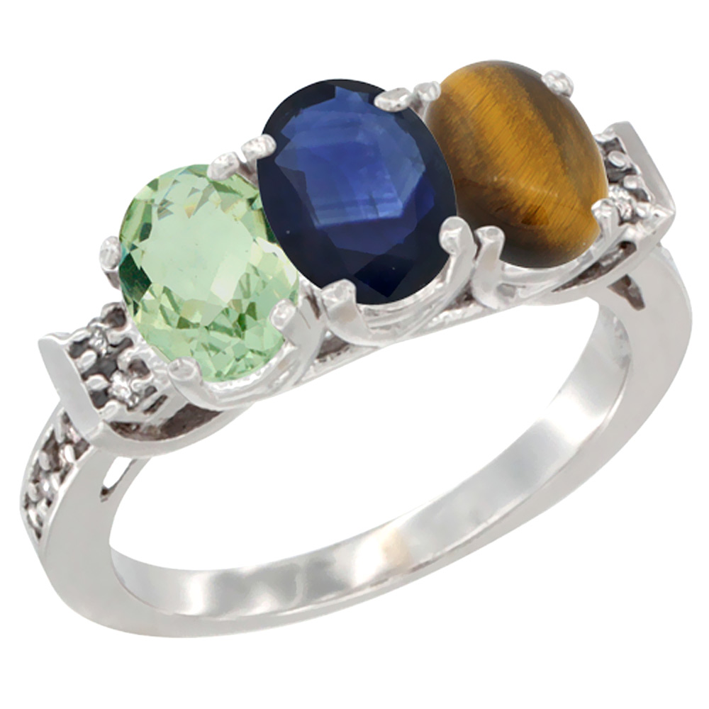 10K White Gold Natural Green Amethyst, Blue Sapphire &amp; Tiger Eye Ring 3-Stone Oval 7x5 mm Diamond Accent, sizes 5 - 10