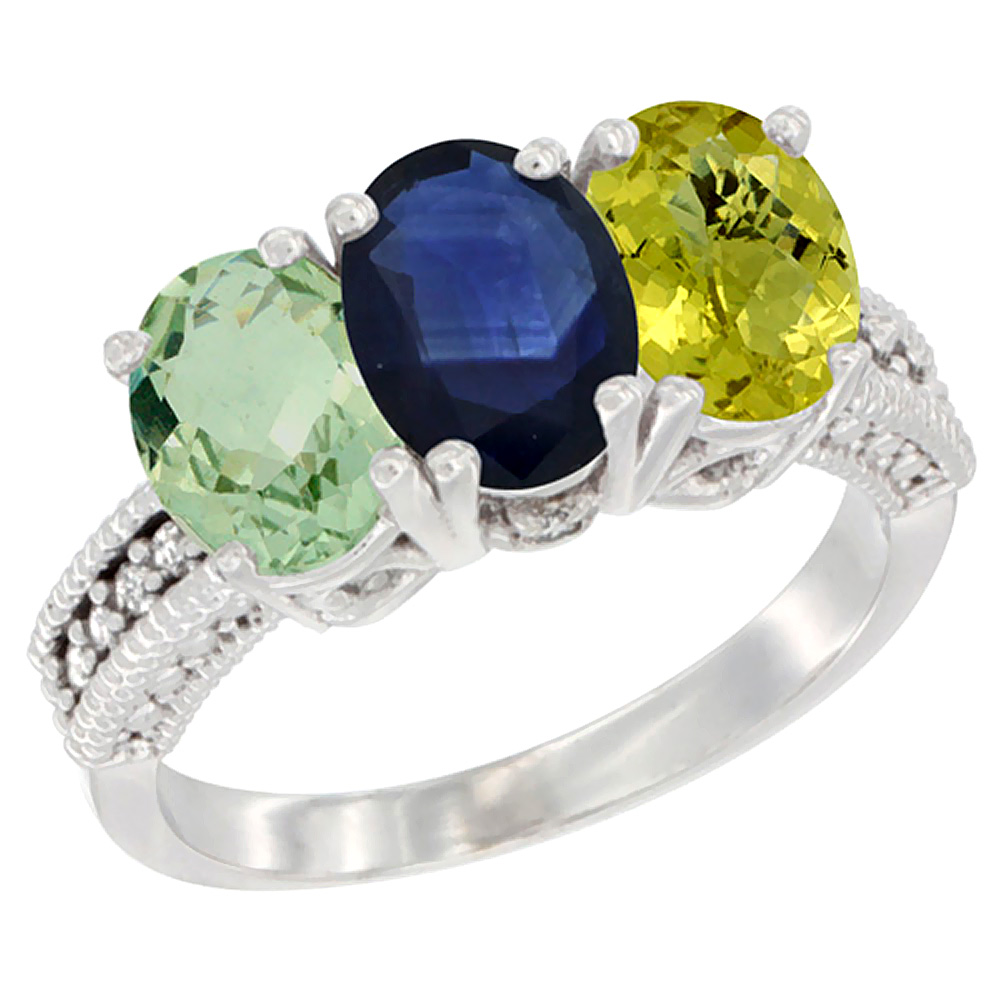 14K White Gold Natural Green Amethyst, Blue Sapphire &amp; Lemon Quartz Ring 3-Stone 7x5 mm Oval Diamond Accent, sizes 5 - 10