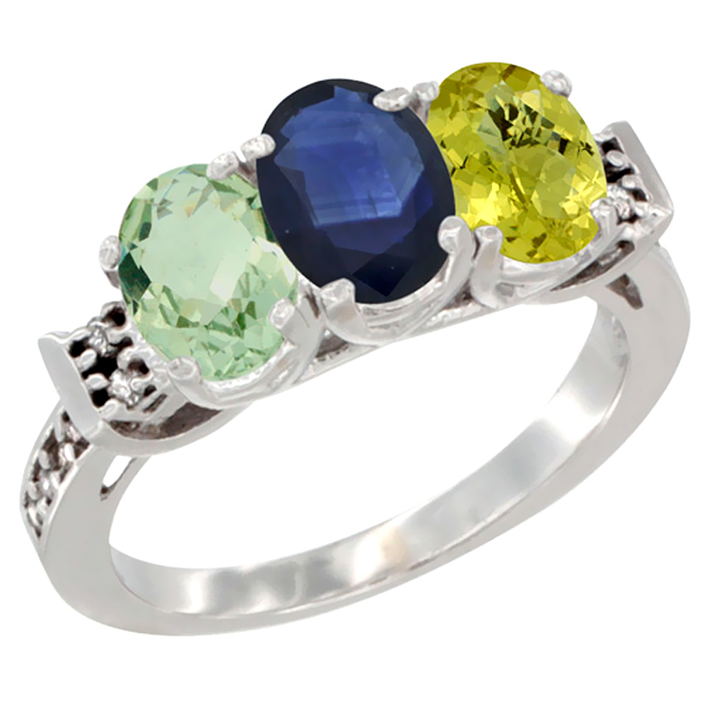 14K White Gold Natural Green Amethyst, Blue Sapphire & Lemon Quartz Ring 3-Stone 7x5 mm Oval Diamond Accent, sizes 5 - 10