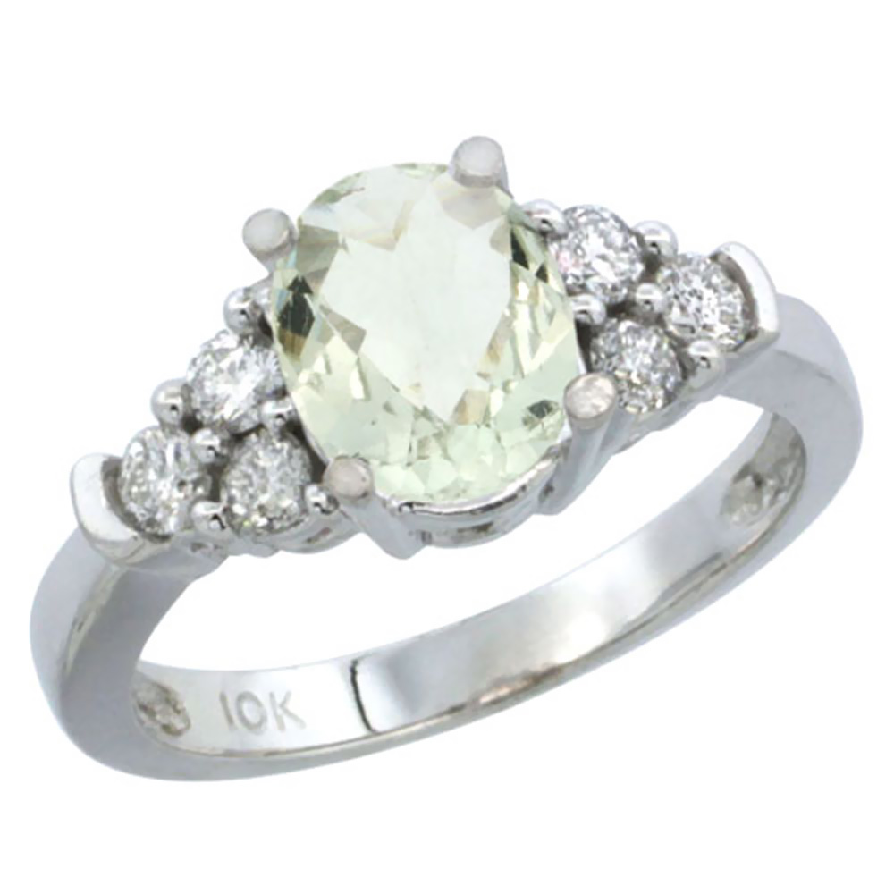 14K White Gold Natural Green Amethyst Ring Oval 9x7mm Diamond Accent, sizes 5-10
