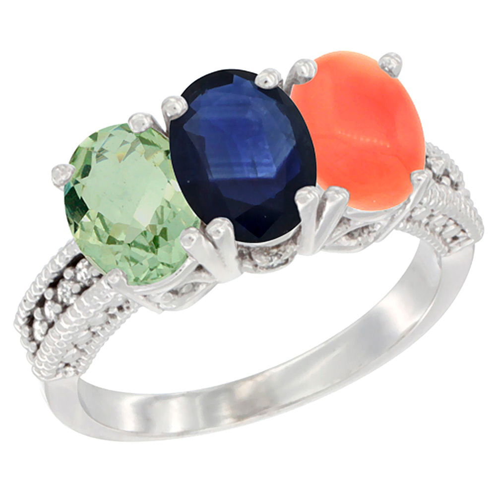 14K White Gold Natural Green Amethyst, Blue Sapphire &amp; Coral Ring 3-Stone 7x5 mm Oval Diamond Accent, sizes 5 - 10