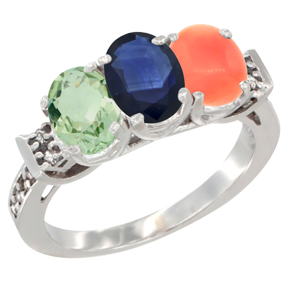14K White Gold Natural Green Amethyst, Blue Sapphire & Coral Ring 3-Stone 7x5 mm Oval Diamond Accent, sizes 5 - 10