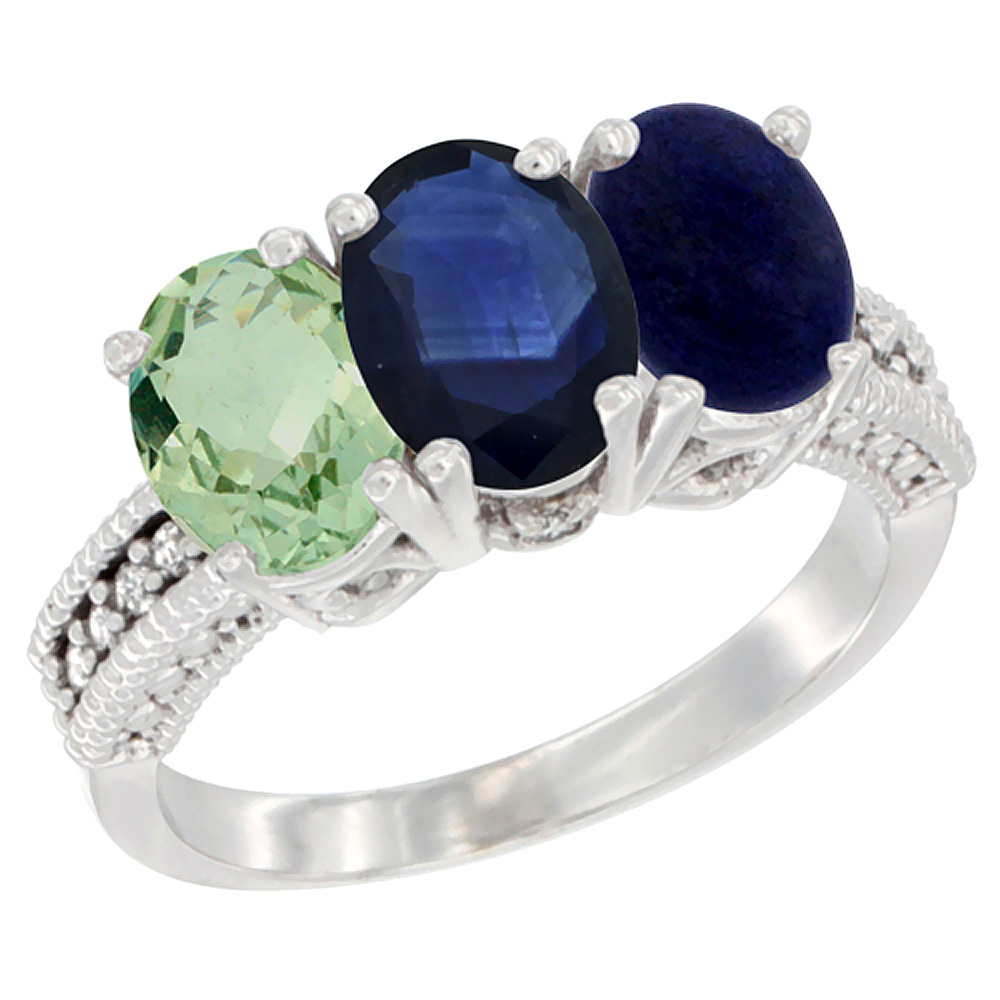 14K White Gold Natural Green Amethyst, Blue Sapphire & Lapis Ring 3-Stone 7x5 mm Oval Diamond Accent, sizes 5 - 10