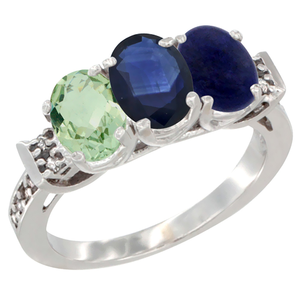 14K White Gold Natural Green Amethyst, Blue Sapphire &amp; Lapis Ring 3-Stone 7x5 mm Oval Diamond Accent, sizes 5 - 10
