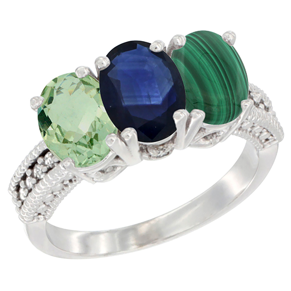 14K White Gold Natural Green Amethyst, Blue Sapphire & Malachite Ring 3-Stone 7x5 mm Oval Diamond Accent, sizes 5 - 10