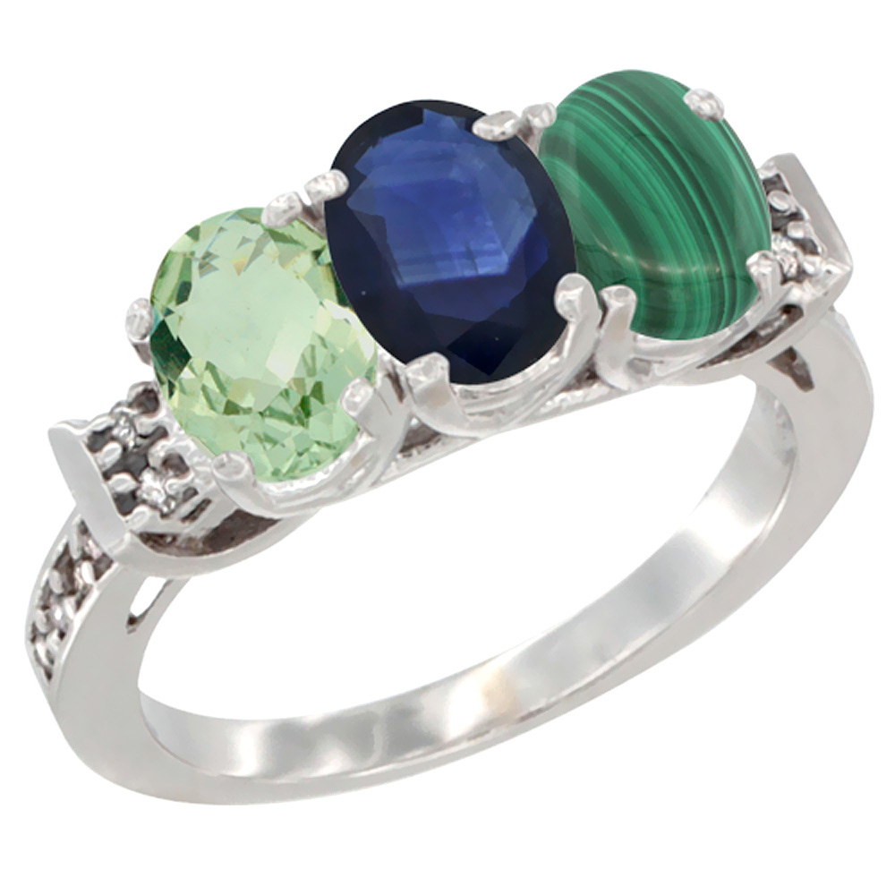 10K White Gold Natural Green Amethyst, Blue Sapphire & Malachite Ring 3-Stone Oval 7x5 mm Diamond Accent, sizes 5 - 10