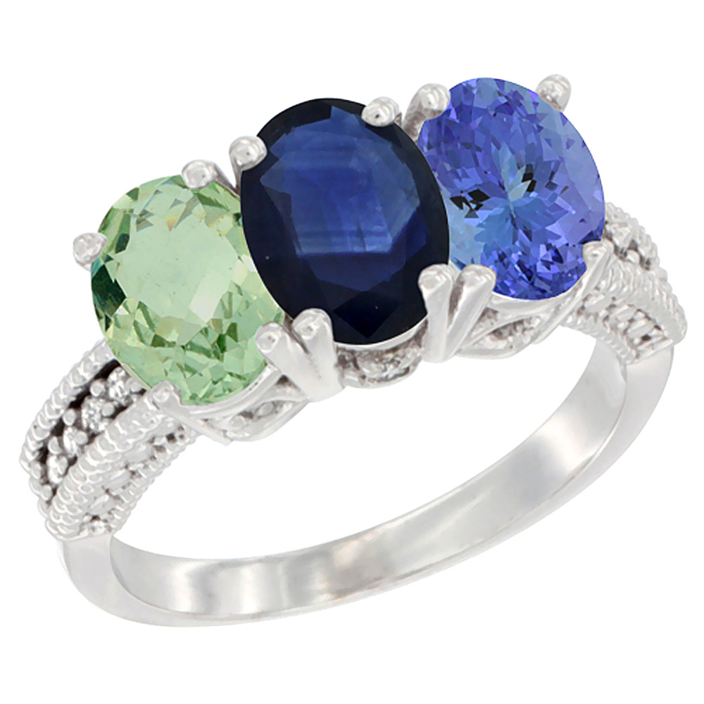 10K White Gold Natural Green Amethyst, Blue Sapphire &amp; Tanzanite Ring 3-Stone Oval 7x5 mm Diamond Accent, sizes 5 - 10