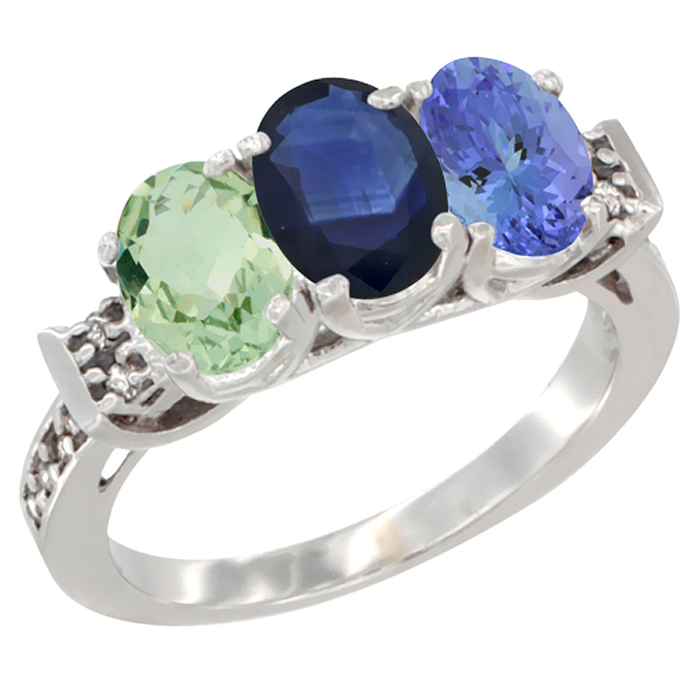 14K White Gold Natural Green Amethyst, Blue Sapphire & Tanzanite Ring 3-Stone 7x5 mm Oval Diamond Accent, sizes 5 - 10