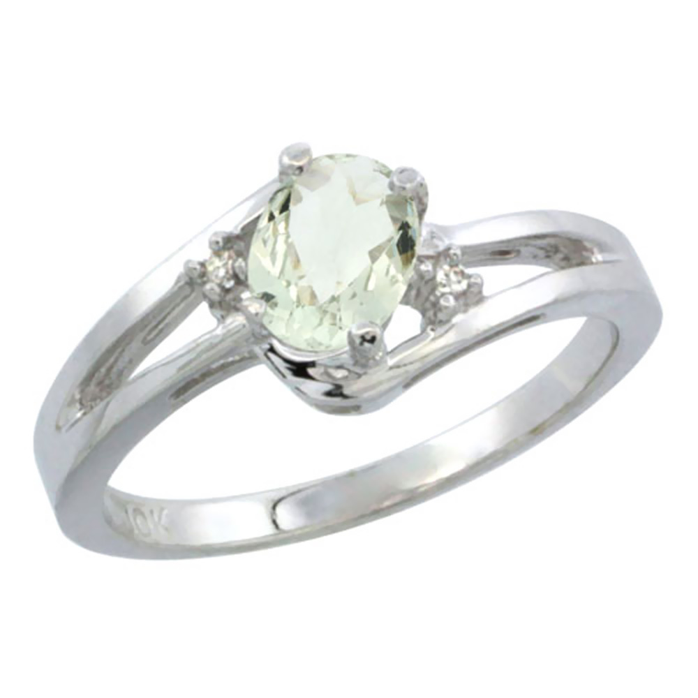 14K White Gold Diamond Natural Green Amethyst Ring Oval 6x4 mm, sizes 5-10