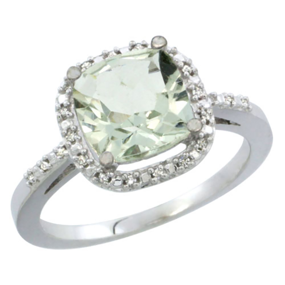 14K White Gold Natural Green Amethyst Ring Cushion-cut 8x8mm Diamond Accent, sizes 5-10