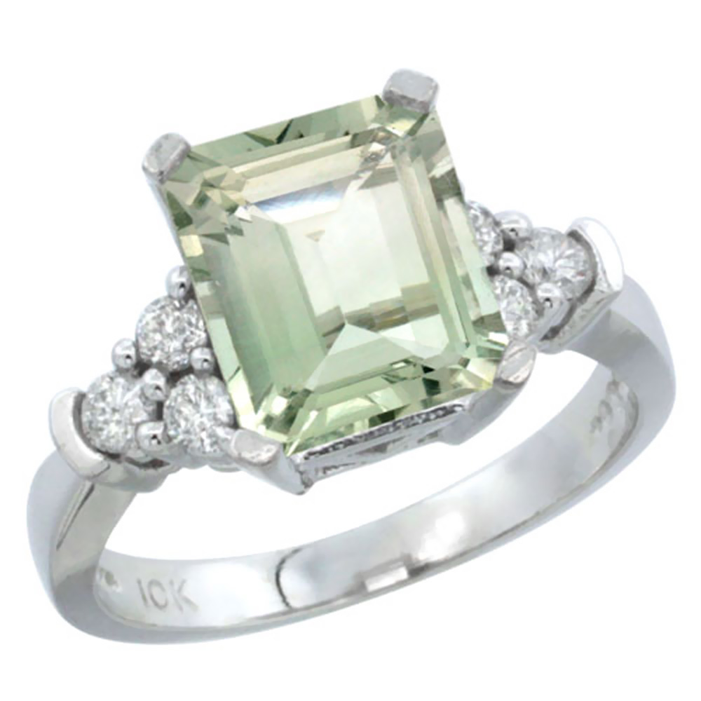 14K White Gold Natural Green Amethyst Ring Octagon 9x7mm Diamond Accent, sizes 5-10