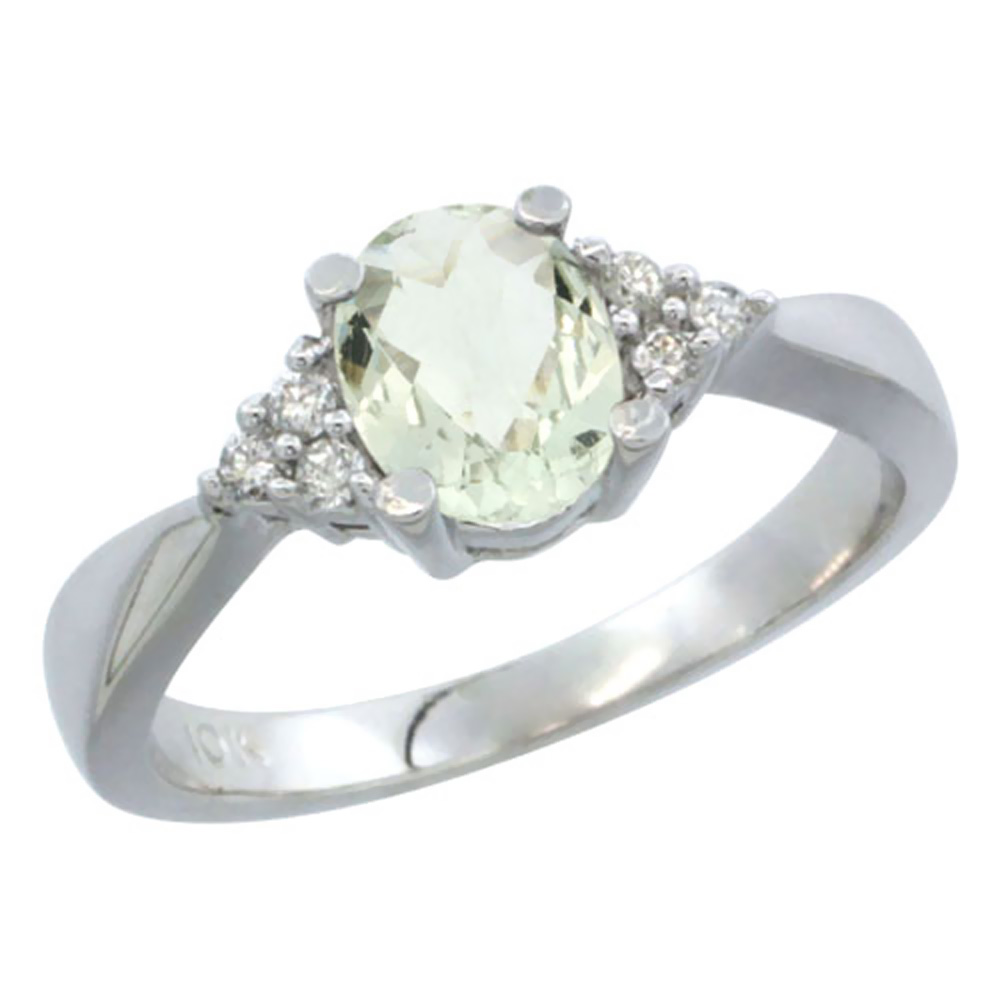 14K White Gold Diamond Natural Green Amethyst Engagement Ring Oval 7x5mm, sizes 5-10