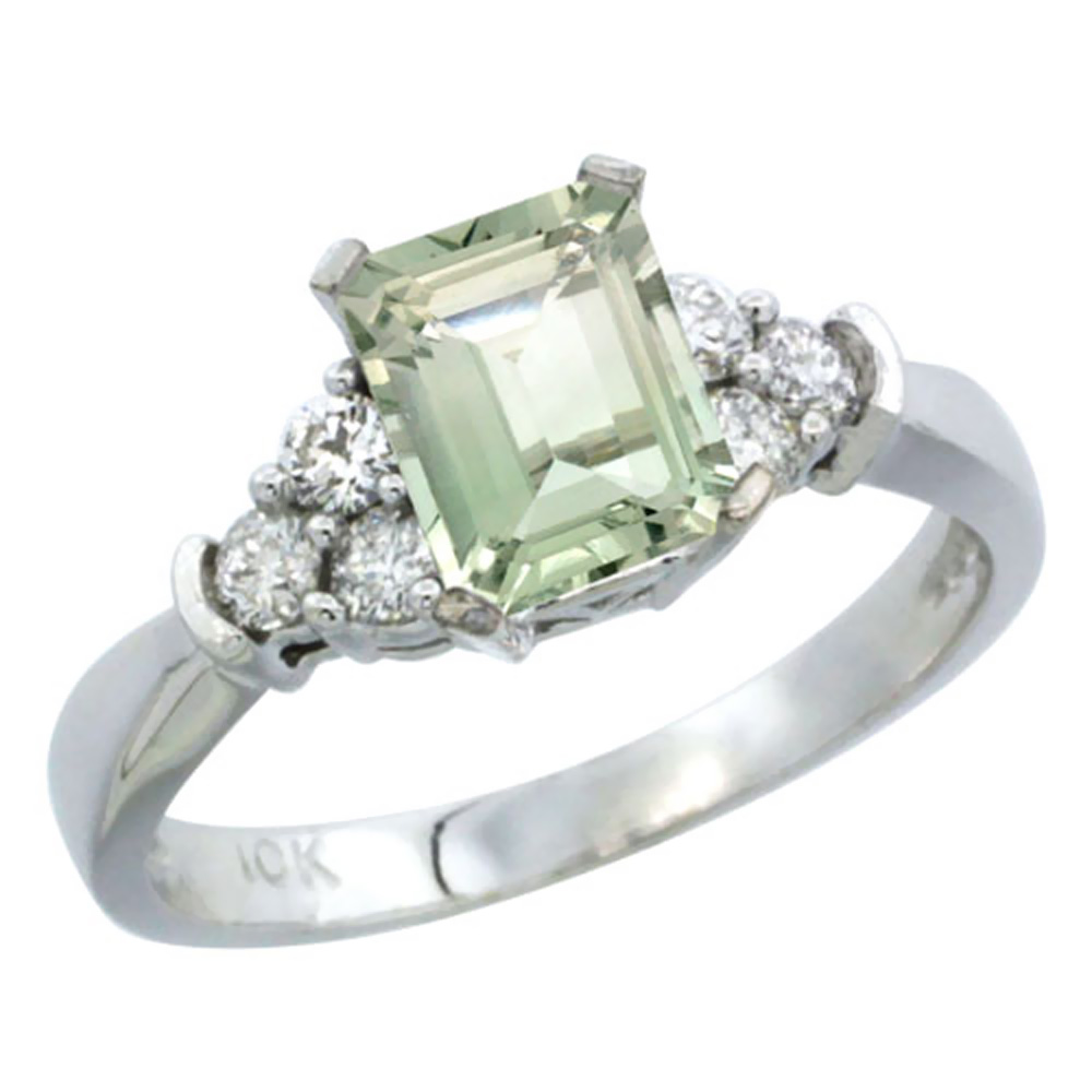 14K White Gold Natural Green Amethyst Ring Octagon 7x5mm Diamond Accent, sizes 5-10