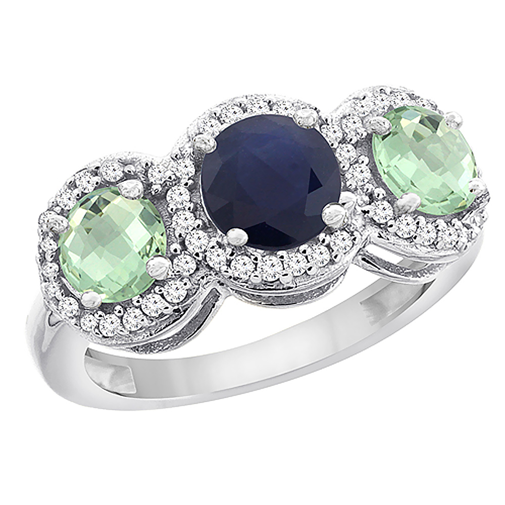 10K White Gold Natural High Quality Blue Sapphire &amp; Green Amethyst Sides Round 3-stone Ring Diamond Accents, sizes 5 - 10