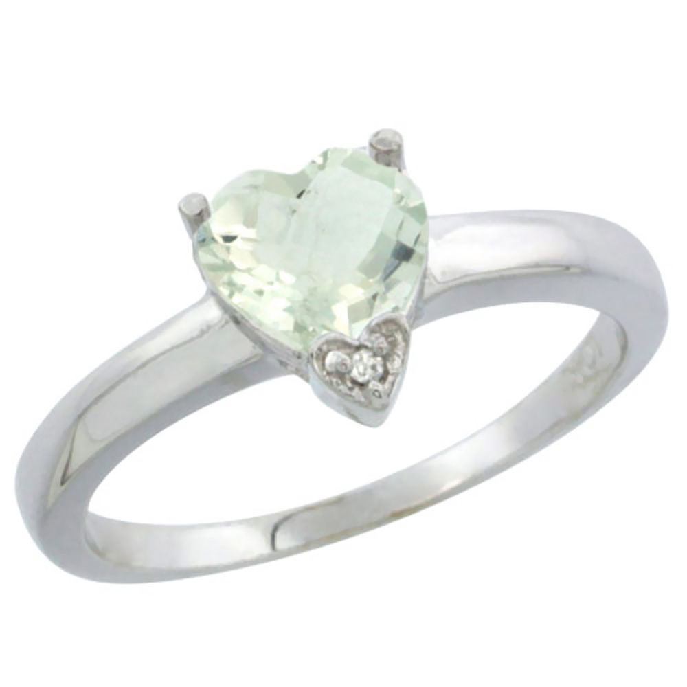 14K White Gold Natural Green Amethyst Heart 7x7mm Diamond Accent, sizes 5-10