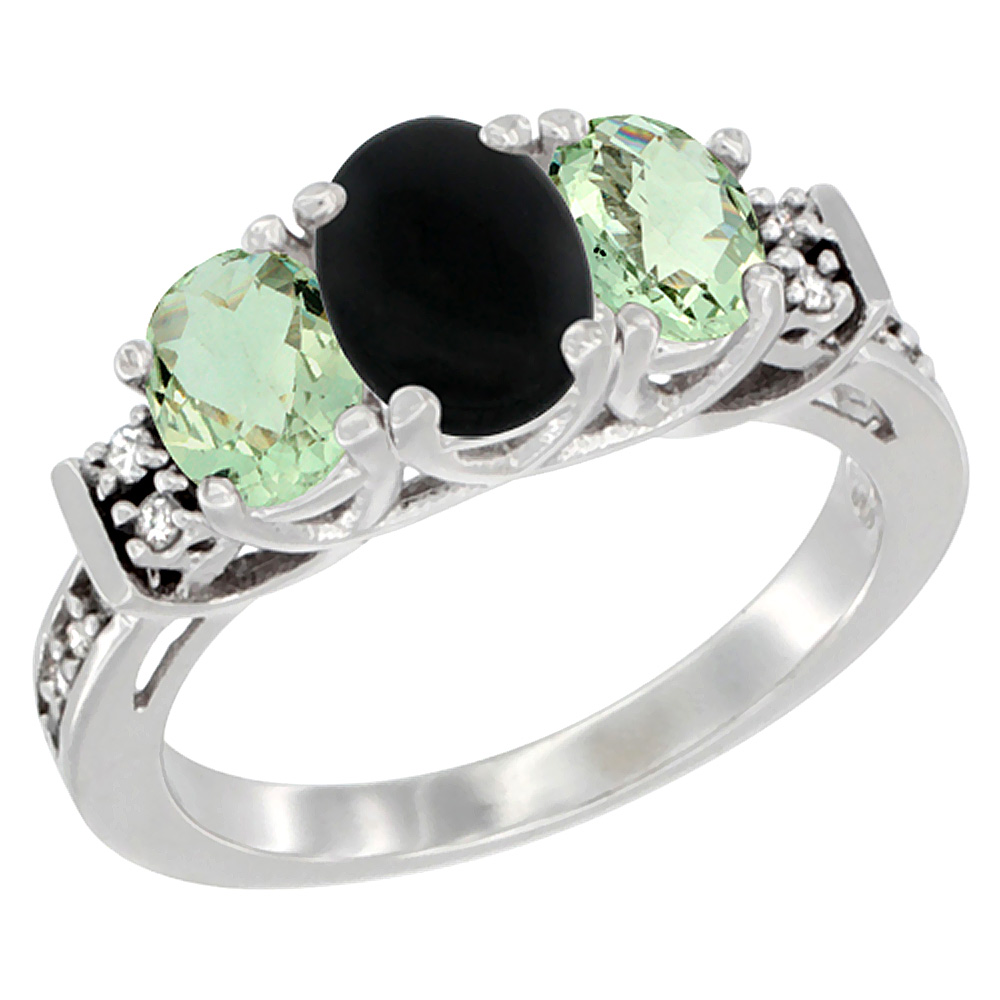 14K White Gold Natural Black Onyx & Green Amethyst Ring 3-Stone Oval Diamond Accent, sizes 5-10