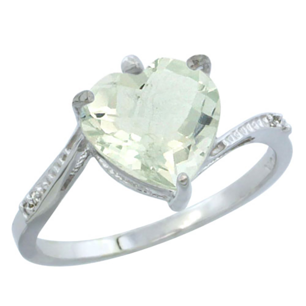 14K White Gold Natural Green Amethyst Ring Heart 9x9mm Diamond Accent, sizes 5-10