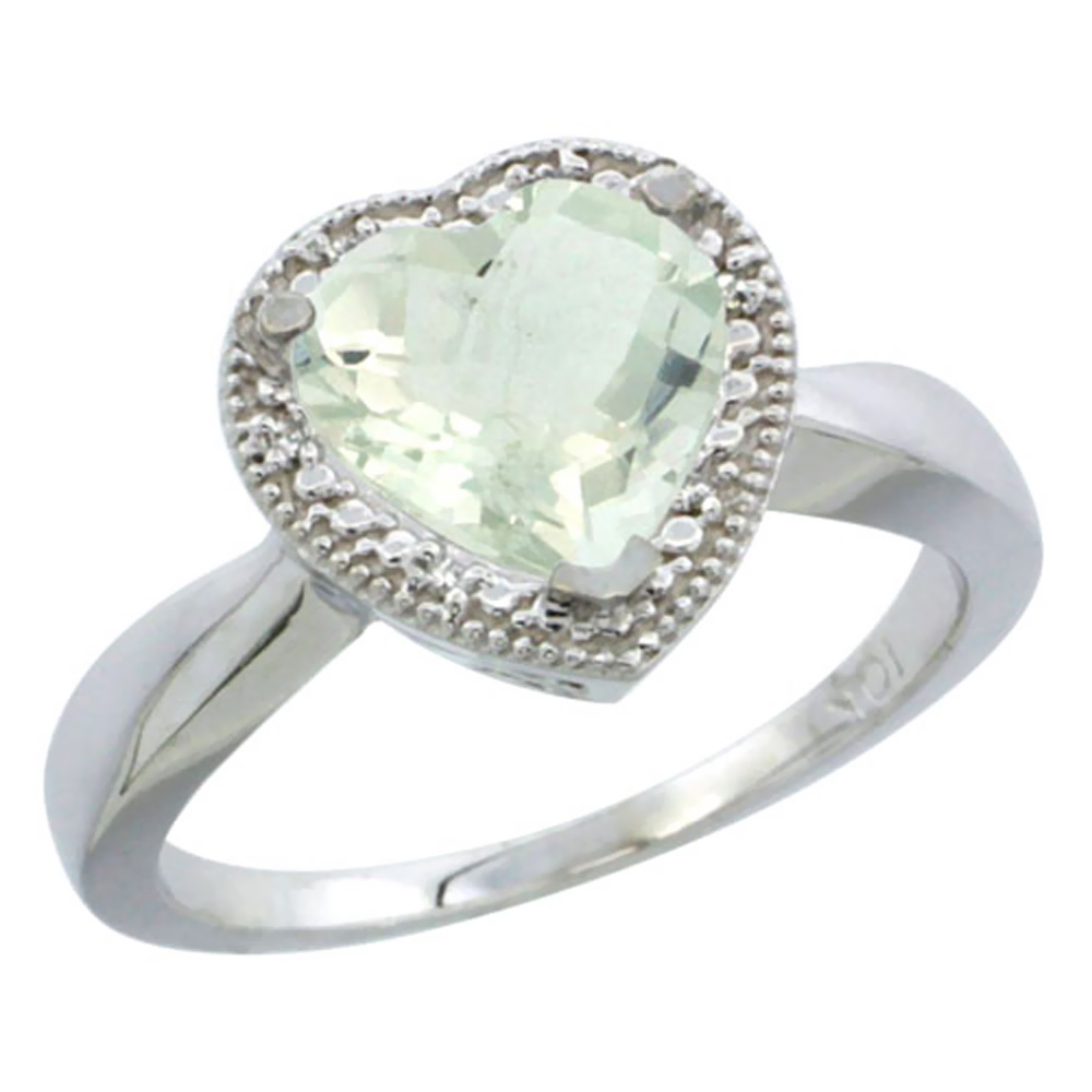 14K White Gold Natural Green Amethyst Ring Heart 8x8mm Diamond Accent, sizes 5-10