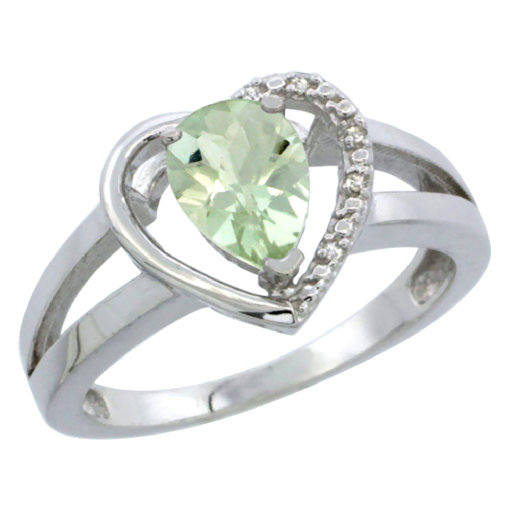 14K White Gold Natural Green Amethyst Heart Ring Pear 7x5 mm Diamond Accent, sizes 5-10