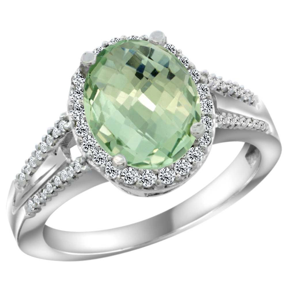 10K White Gold Diamond Genuine Green Amethyst Engagement Ring Oval 10x8mm sizes 5-10