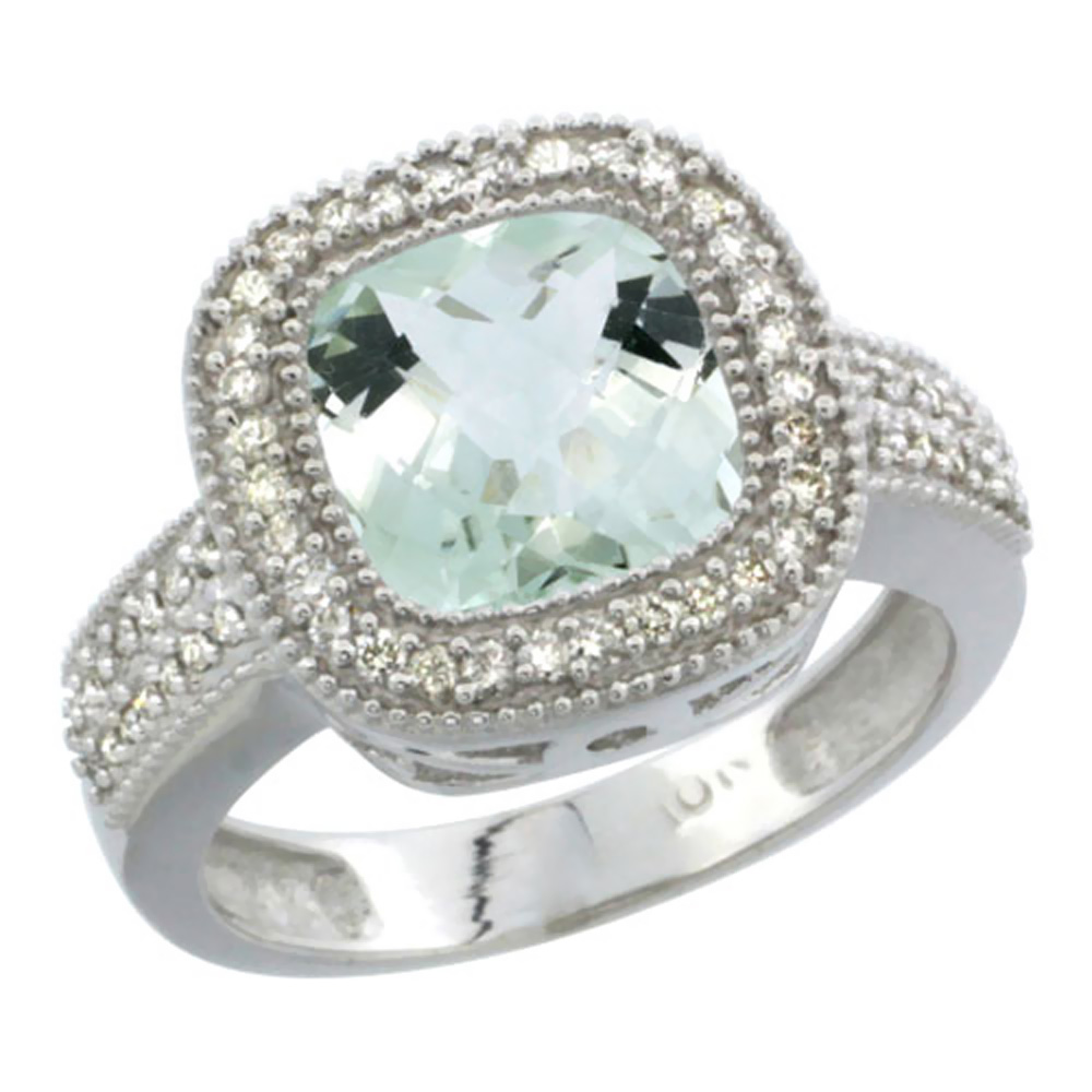 14K White Gold Natural Green-Amethyst Ring Cushion-cut 9x9mm Diamond Accent, sizes 5-10