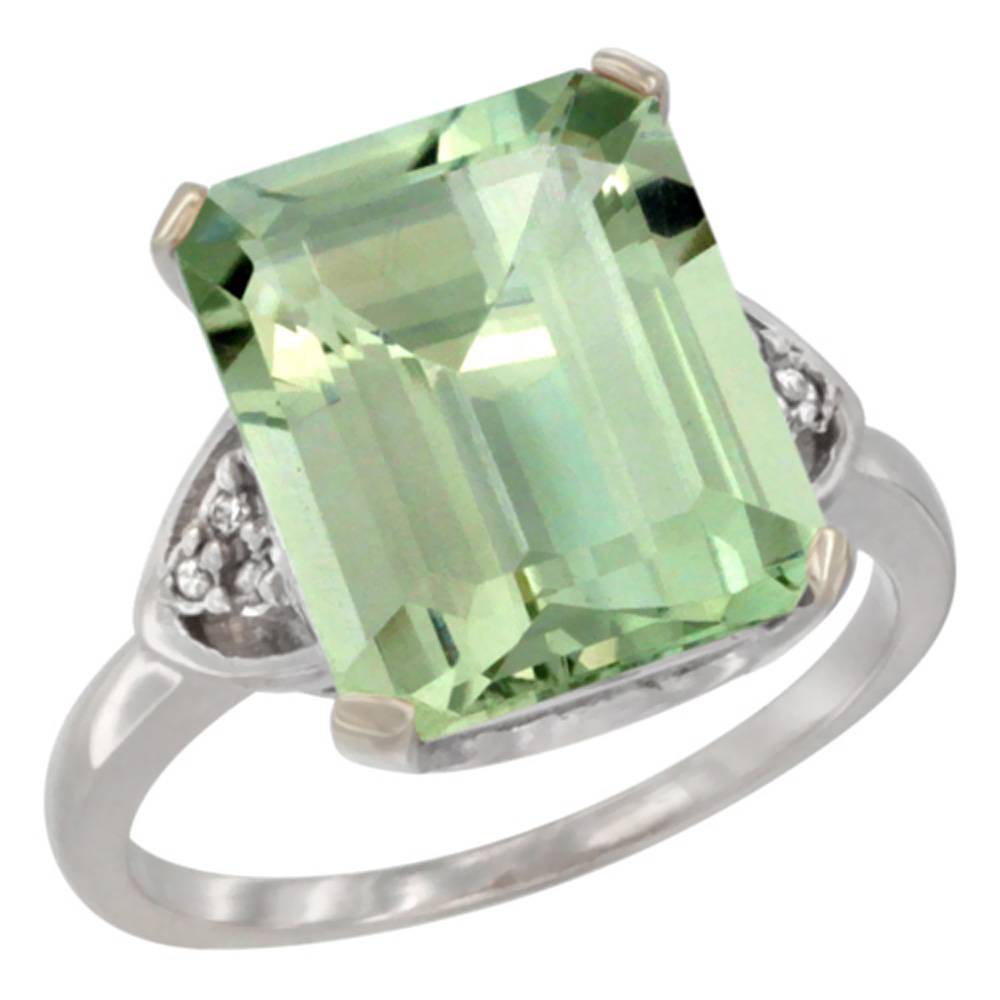 10K White Gold Diamond Genuine Green Amethyst Ring Octagon 12x10 mm sizes 5-10