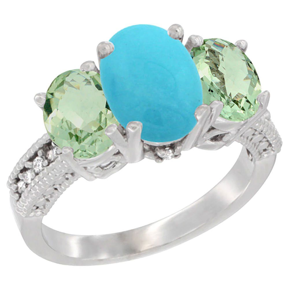14K White Gold Diamond Natural Turquoise Ring 3-Stone Oval 8x6mm with Green Amethyst, sizes5-10
