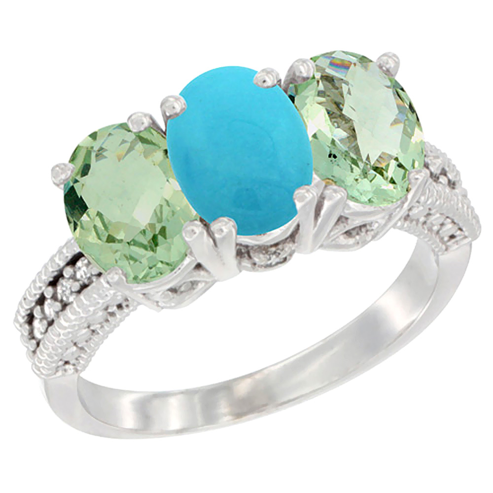 14K White Gold Natural Turquoise & Green Amethyst Sides Ring 3-Stone 7x5 mm Oval Diamond Accent, sizes 5 - 10