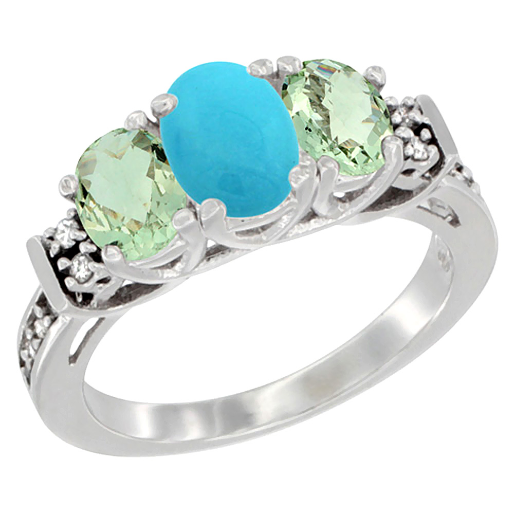 14K White Gold Natural Turquoise & Green Amethyst Ring 3-Stone Oval Diamond Accent, sizes 5-10