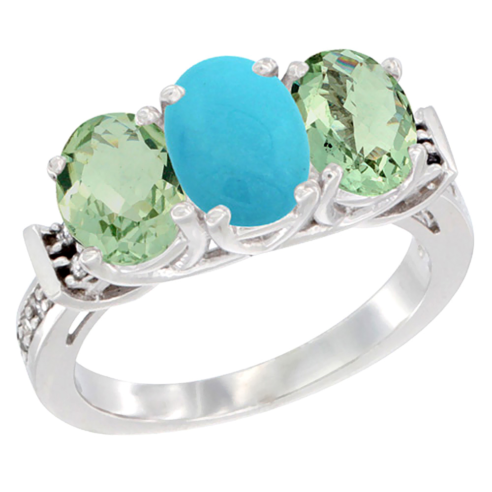 14K White Gold Natural Turquoise &amp; Green Amethyst Sides Ring 3-Stone Oval Diamond Accent, sizes 5 - 10