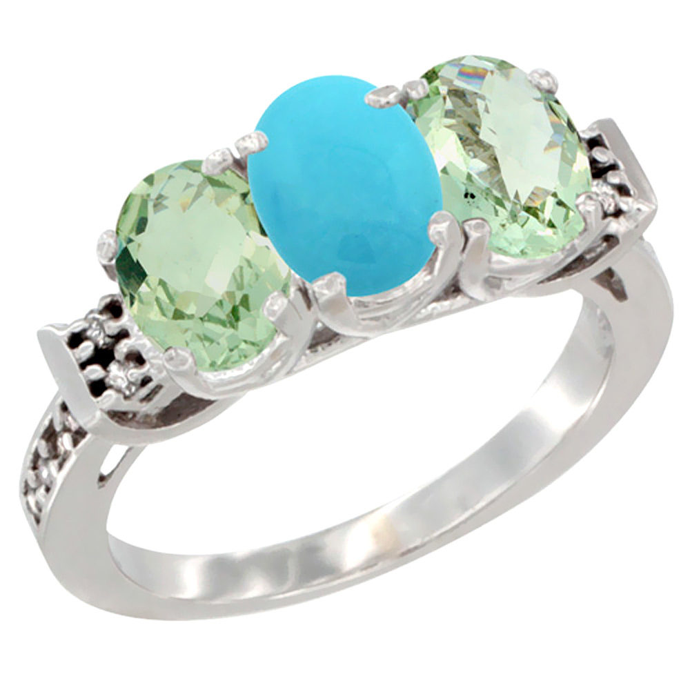 14K White Gold Natural Turquoise &amp; Green Amethyst Sides Ring 3-Stone 7x5 mm Oval Diamond Accent, sizes 5 - 10