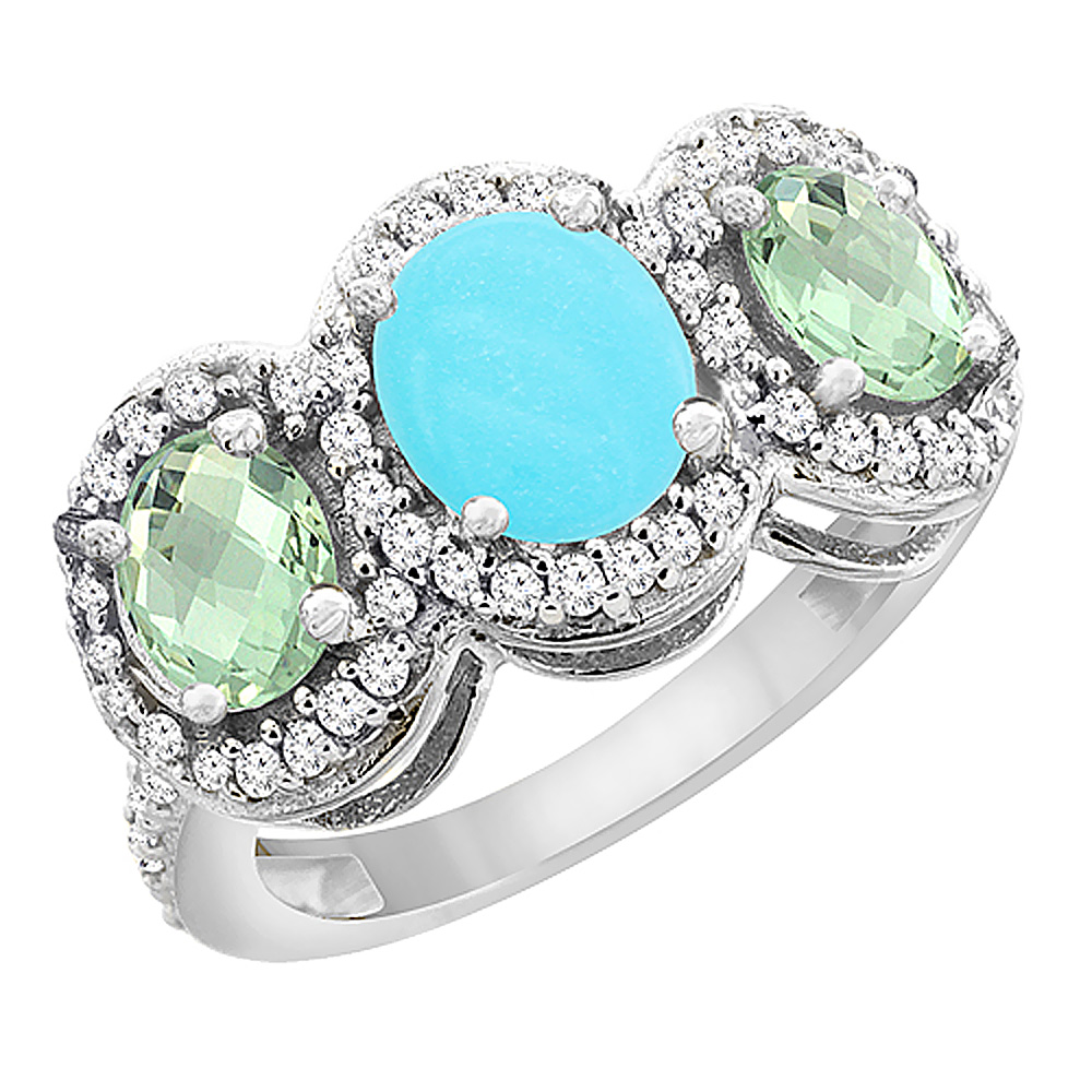 10K White Gold Natural Turquoise &amp; Green Amethyst 3-Stone Ring Oval Diamond Accent, sizes 5 - 10