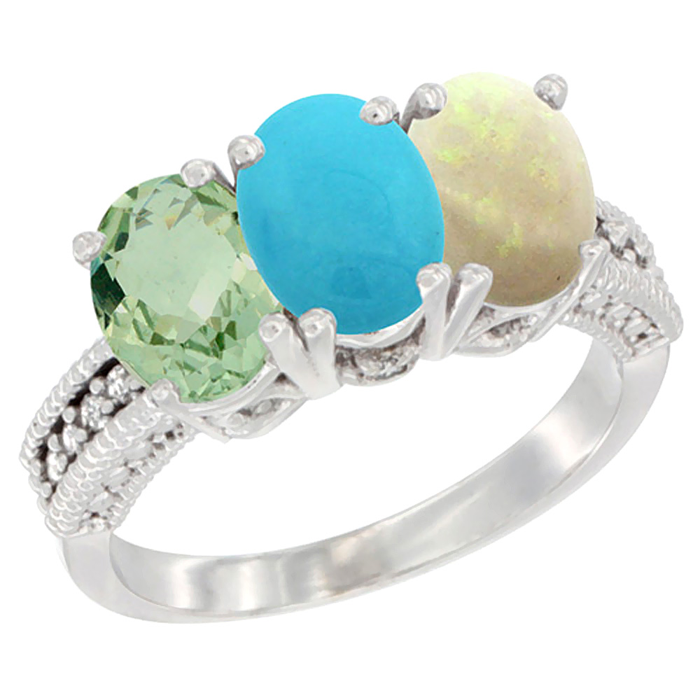 10K White Gold Natural Green Amethyst, Turquoise &amp; Opal Ring 3-Stone Oval 7x5 mm Diamond Accent, sizes 5 - 10