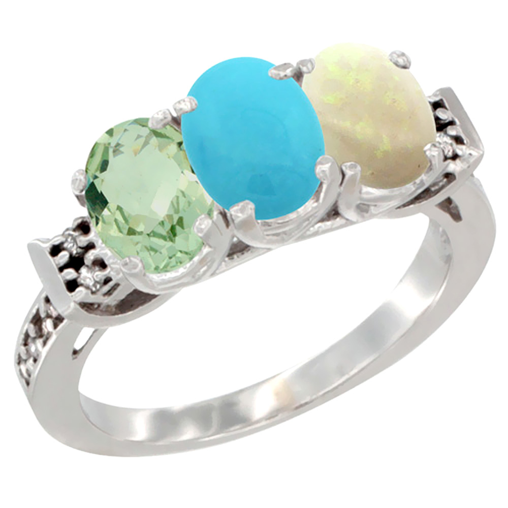 10K White Gold Natural Green Amethyst, Turquoise & Opal Ring 3-Stone Oval 7x5 mm Diamond Accent, sizes 5 - 10