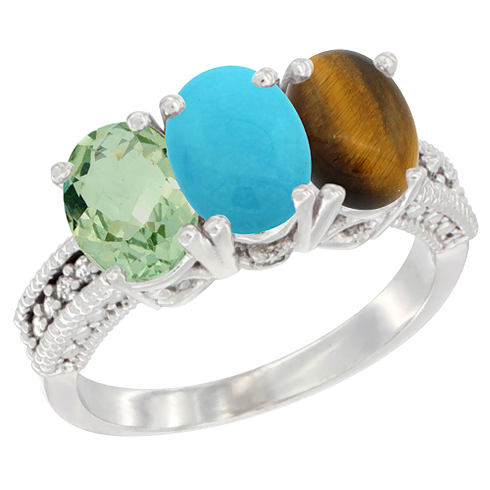 10K White Gold Natural Green Amethyst, Turquoise &amp; Tiger Eye Ring 3-Stone Oval 7x5 mm Diamond Accent, sizes 5 - 10
